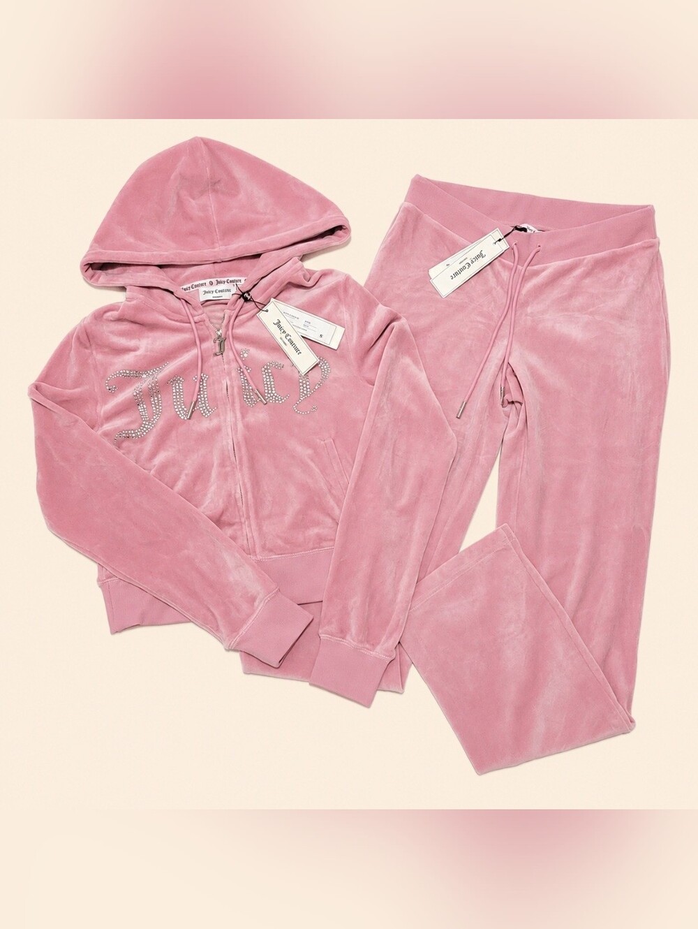 Juicy Couture Rose OG Bling Luxe Velour Zip Up Hoodie & Pants - S
